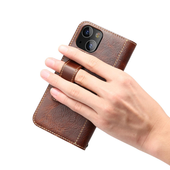 For iPhone 13 mini Denior Oil Wax Cowhide DK Magnetic Button Leatherette Phone Case(Brown)