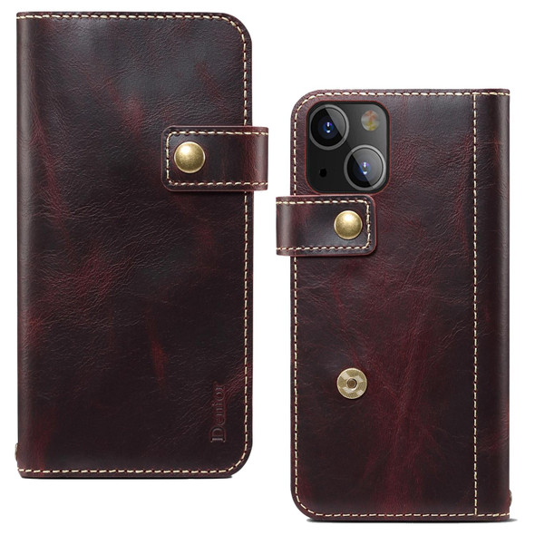 For iPhone 13 mini Denior Oil Wax Cowhide DK Magnetic Button Leatherette Phone Case(Dark Red)