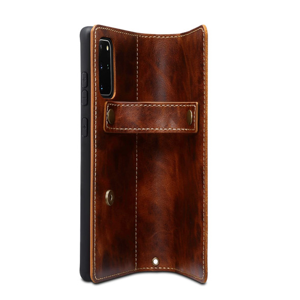 For Samsung Galaxy S20 Denior Oil Wax Cowhide DK Magnetic Button Leatherette Phone Case(Brown)