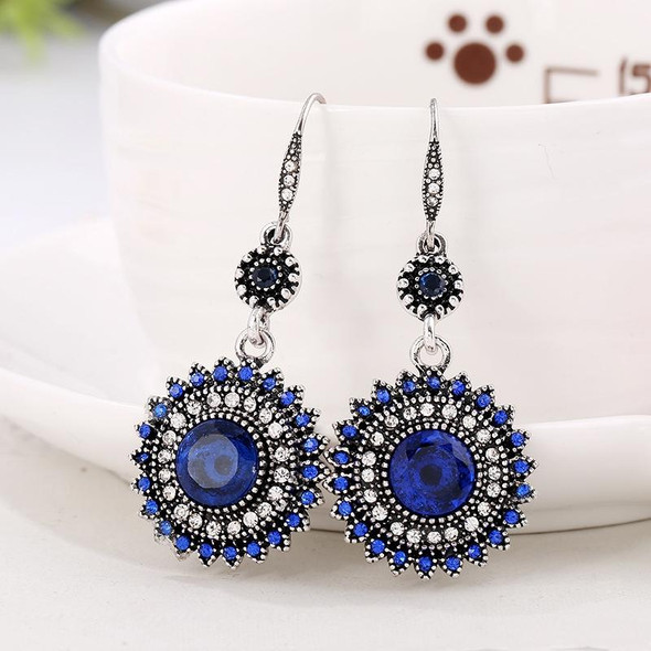 2 Pairs Ethnic Sun Flower Style Rhinestone Earrings Long Earbobs(Silver+Dark Blue)