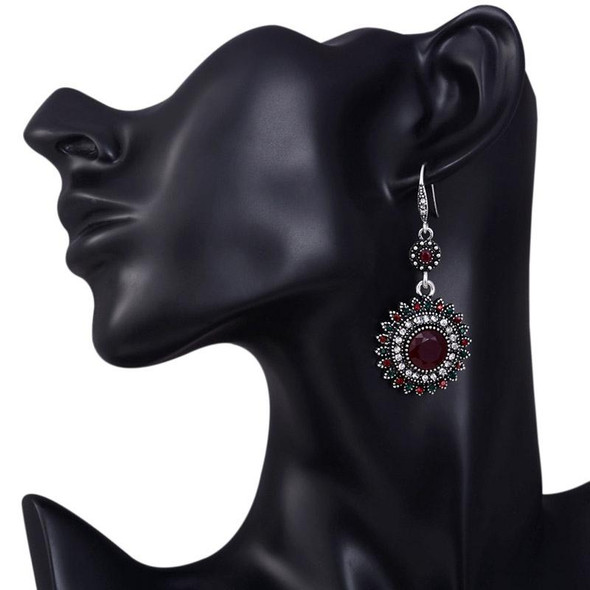 2 Pairs Ethnic Sun Flower Style Rhinestone Earrings Long Earbobs(Silver+Red)