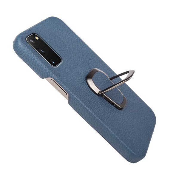 For Samsung Galaxy S20 Ring Holder Litchi Texture Genuine Leatherette Phone Case(Blue)