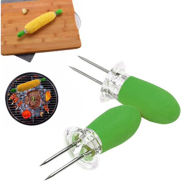 5 Pairs Outdoor BBQ Stainless Steel Corn Fork Fruit Fork Corn Device(Green)