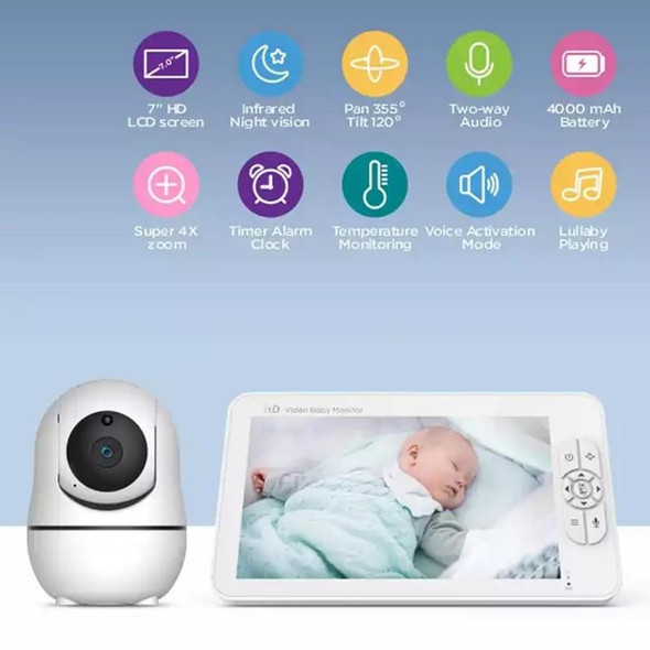 SM70PTZ 7 inch Screen 2.4GHz Wireless Digital Baby Monitor,  Auto Night Vision / Two-way Voice Intercom(UK Plug)