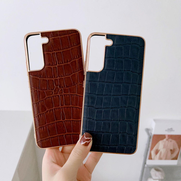 For Samsung Galaxy S21 5G Crocodile Texture Genuine Leatherette Electroplating Phone Case(Brown)