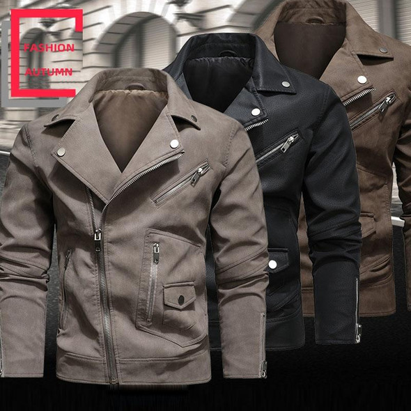 Men Fashion PU Lapel Leather Jacket, Size: M(Brown)