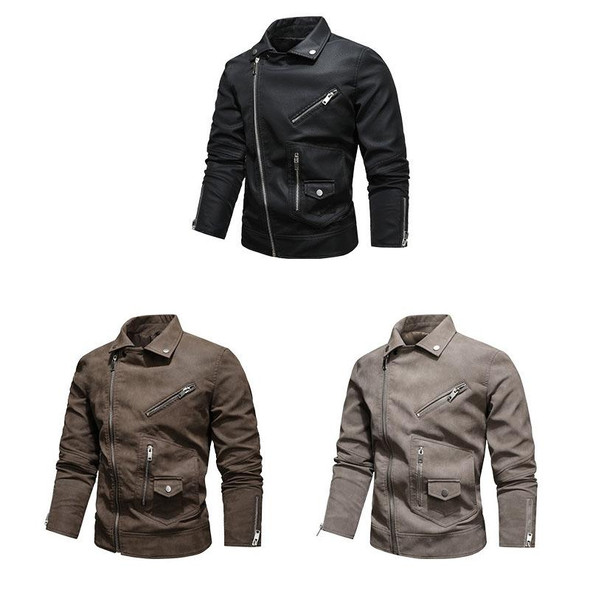 Men Fashion PU Lapel Leather Jacket, Size: M(Brown)