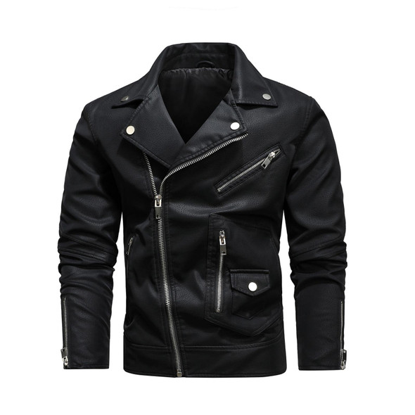 Men Fashion PU Lapel Leather Jacket, Size: XL(Black)