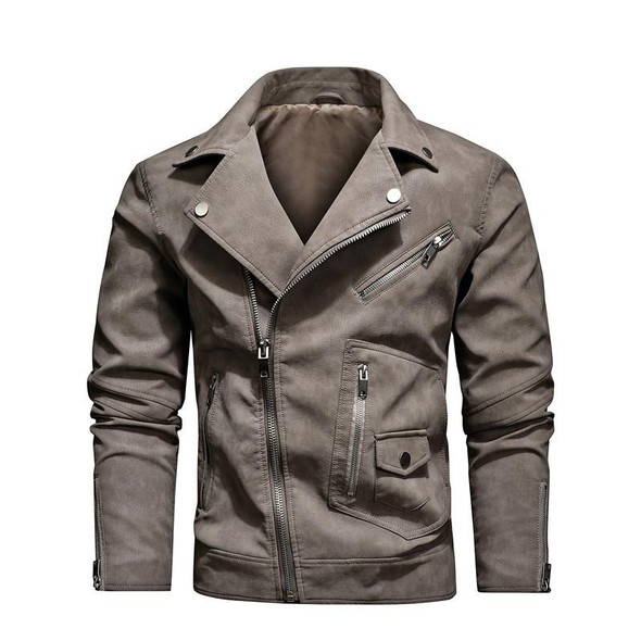 Men Fashion PU Lapel Leather Jacket, Size: M(Khaki)