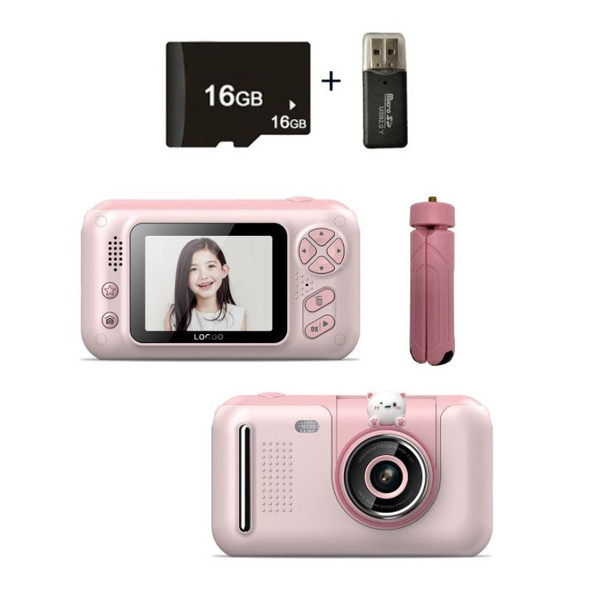 2.4 Inch Children HD Reversible Photo SLR Camera, Color: Pink + 16G Memory Card + Card Reader