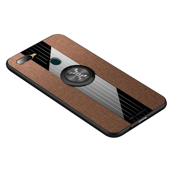 For OPPO A7 XINLI Stitching Cloth Textue Shockproof TPU Protective Case with Ring Holder(Brown)