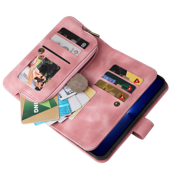 For iPhone 13 Pro Max Multifunctional Card Slot Zipper Wallet Flip Leatherette Phone Case(Rose Gold)