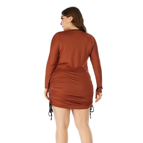 Women Large Size Round Neck Long Sleeve Dress (Color:Orange Size:XXXL)