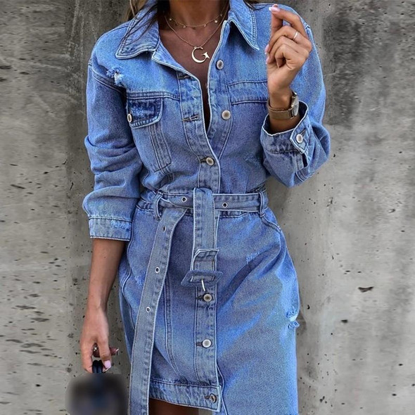 Misalignment Single-breasted Denim Dress (Color:Blue Size:XXL)