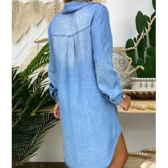 Single Breasted Long Sleeve Denim Shirt Dress (Color:Blue Size:M)