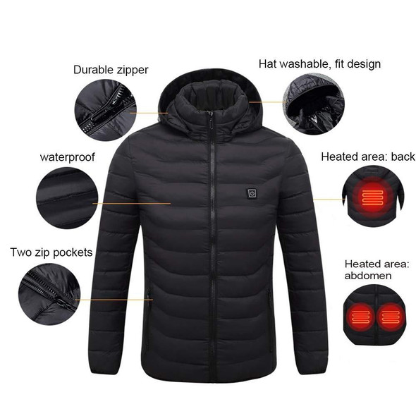 9 Zone Black USB Winter Electric Heated Jacket Warm Thermal Jacket, Size: XL