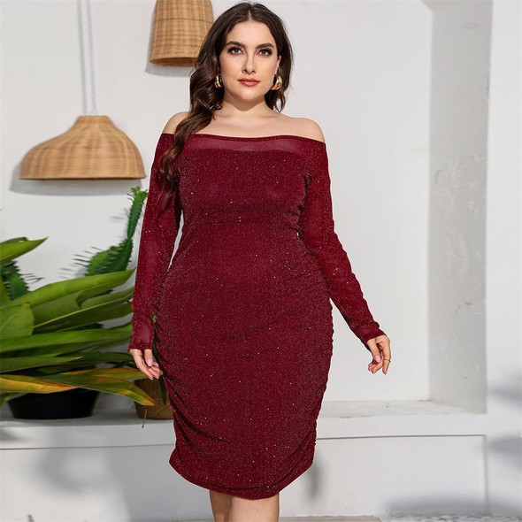 Plus Size Off Shoulder Long Sleeve Sexy Sheath Dress (Color:Wine Red Size:XXXL)