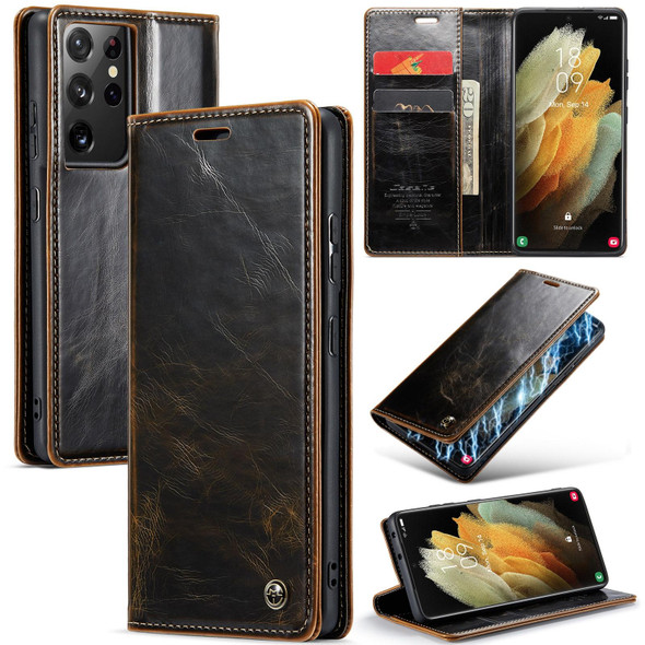 For Samsung Galaxy S21 Ultra 5G CaseMe 003 Crazy Horse Texture Leatherette Phone Case(Coffee)