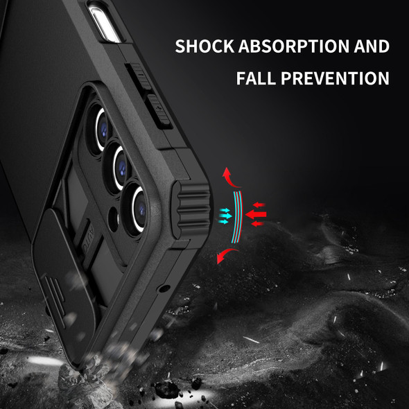 For Samsung Galaxy A14 5G Stereoscopic Holder Sliding Camshield Phone Case(Black)
