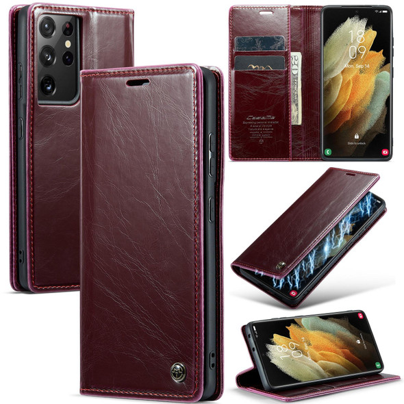 For Samsung Galaxy S21 Ultra 5G CaseMe 003 Crazy Horse Texture Leatherette Phone Case(Wine Red)