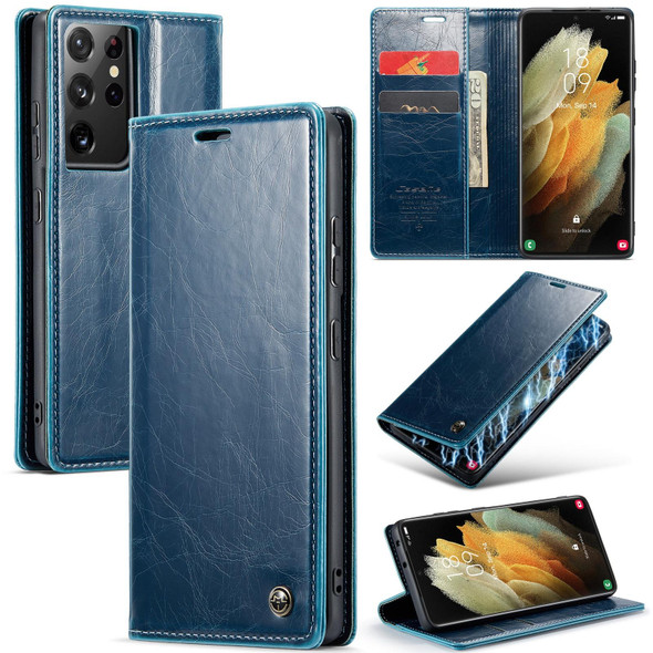 For Samsung Galaxy S21 Ultra 5G CaseMe 003 Crazy Horse Texture Leatherette Phone Case(Blue)