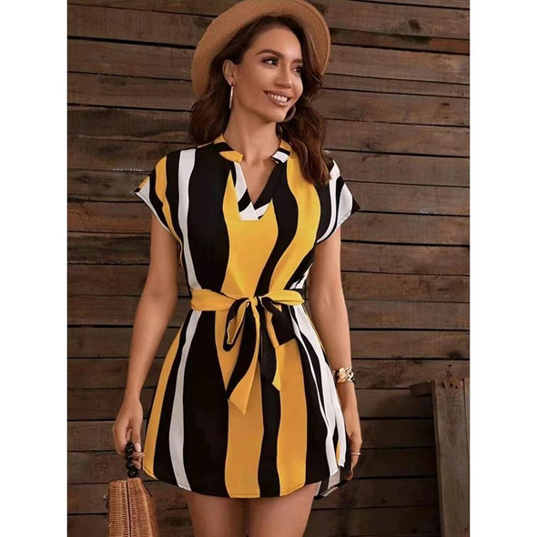 French V-Neck Slim Striped Dress (Color:Yellow Size:S)