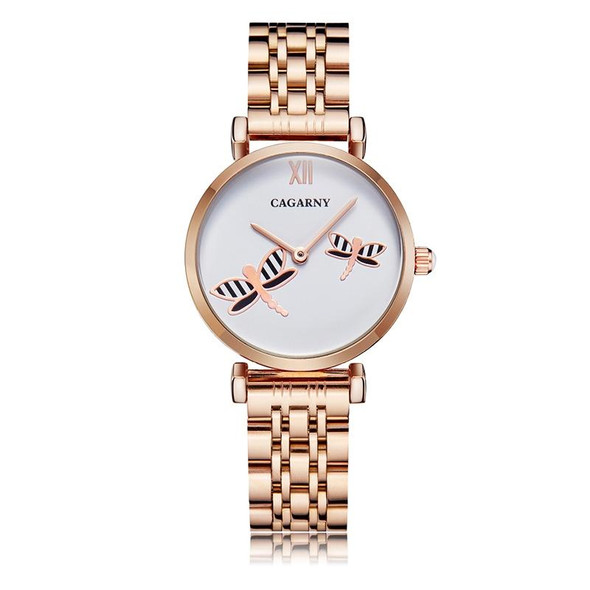 CAGARNY 6880 Fashion Life Waterproof Dragonfly White Background Gold Steel Band Quartz Watch