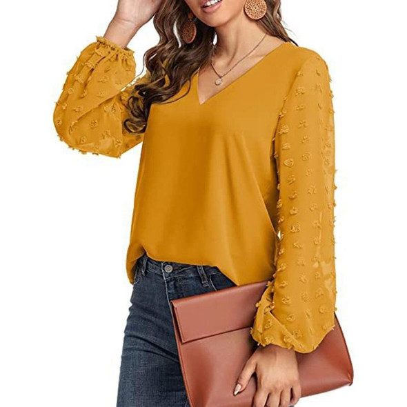 V-neck Chiffon Wool Ball Decorative Long Sleeve Blouse (Color:Yellow Size:L)