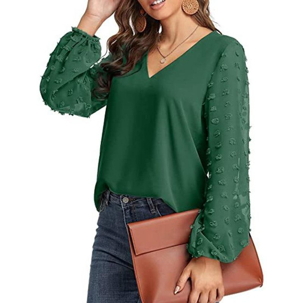 V-neck Chiffon Wool Ball Decorative Long Sleeve Blouse (Color:Green Size:XXL)