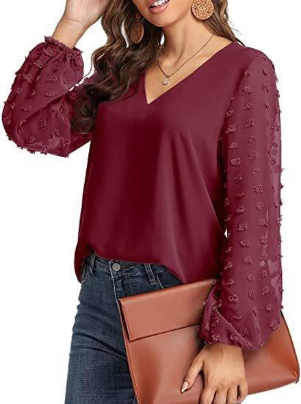 V-neck Chiffon Wool Ball Decorative Long Sleeve Blouse (Color:Wine Red Size:XXL)