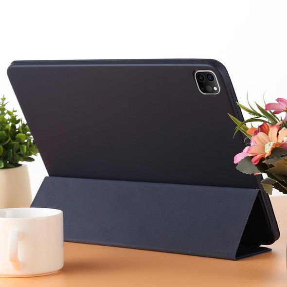 For iPad Pro 12.9 inch (2020/2021) 3-fold Horizontal Flip Smart Leatherette Tablet Case with Sleep / Wake-up Function & Holder(Dark Blue)