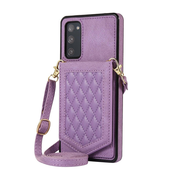 For Samsung Galaxy S20 Rhombic Texture RFID Phone Case with Lanyard & Mirror(Purple)