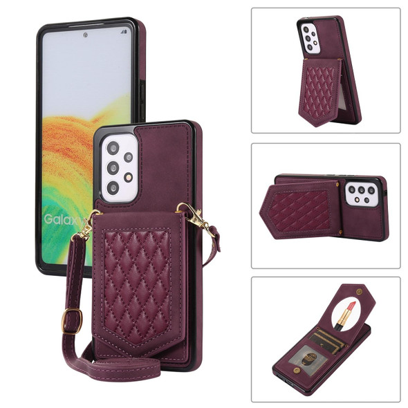 For Samsung Galaxy A52 5G / 4G / A52s Rhombic Texture RFID Phone Case with Lanyard & Mirror(Wine Red)
