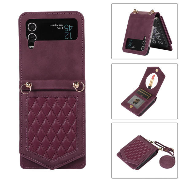 For Samsung Galaxy Z Flip3 5G Rhombic Texture RFID Phone Case with Lanyard & Mirror(Wine Red)