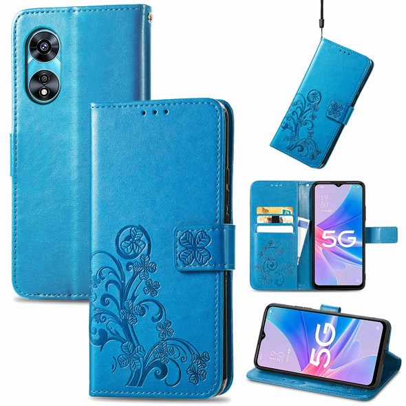 For OPPO A97 5G Four-leaf Clasp Embossed Buckle Leatherette Phone Case(Blue)