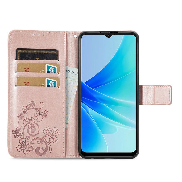 For OPPO A57 4G Four-leaf Clasp Embossed Buckle Leatherette Phone Case(Rose Gold)