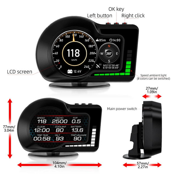 New Auto Dual System Hud Obd2 Gps Head-up Display Hd Obd Lcd Instrument  Speedometer Slope Meter Car Fault Code Clearing Detector