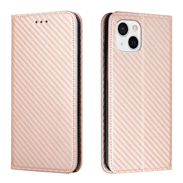 Carbon Fiber Texture Flip Holder Leatherette Phone Case - iPhone 13 mini(Rose Gold)