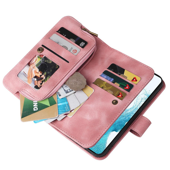 For Samsung Galaxy S21 FE 5G Multifunctional Card Slot Zipper Wallet Leatherette Phone Case(Rose Gold)