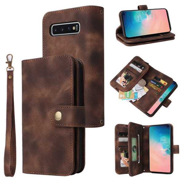 For Samsung Galaxy S10+ Multifunctional Card Slot Zipper Wallet Leatherette Phone Case(Brown)