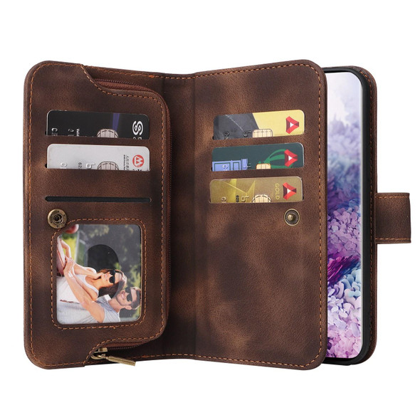 For Samsung Galaxy S20 Multifunctional Card Slot Zipper Wallet Leatherette Phone Case(Brown)