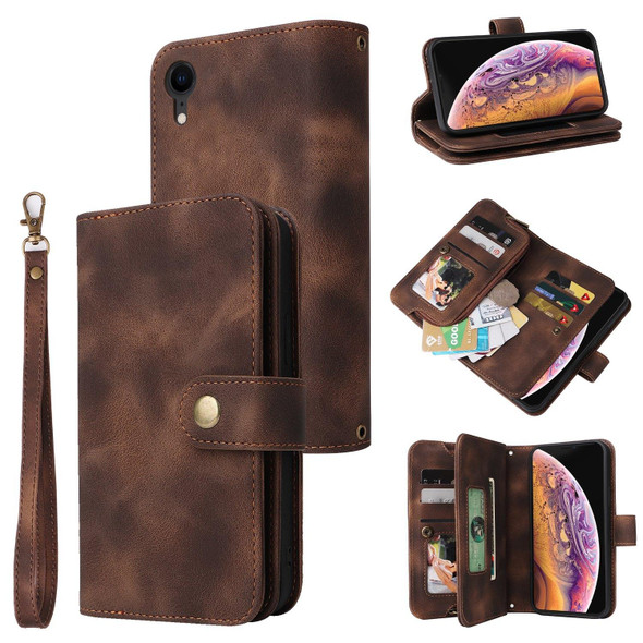 For iPhone XR Multifunctional Card Slot Zipper Wallet Leatherette Phone Case(Brown)