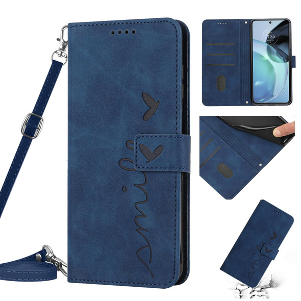 For Motorola Edge 30 Neo / Edge 30 Lite Skin Feel Heart Pattern Leatherette Phone Case with Lanyard(Blue)