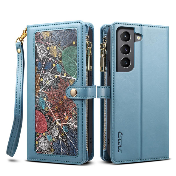 For Samsung Galaxy S21 5G ESEBLE Star Series Lanyard Zipper Wallet RFID Leatherette Case(Blue)