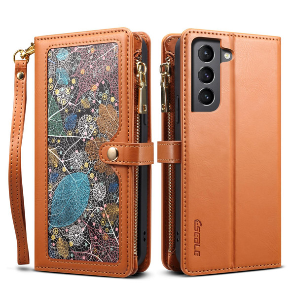 For Samsung Galaxy S21 FE 5G ESEBLE Star Series Lanyard Zipper Wallet RFID Leatherette Case(Brown)