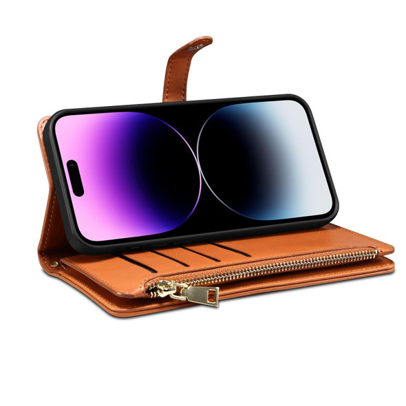 For Samsung Galaxy S21 FE 5G ESEBLE Star Series Lanyard Zipper Wallet RFID Leatherette Case(Brown)