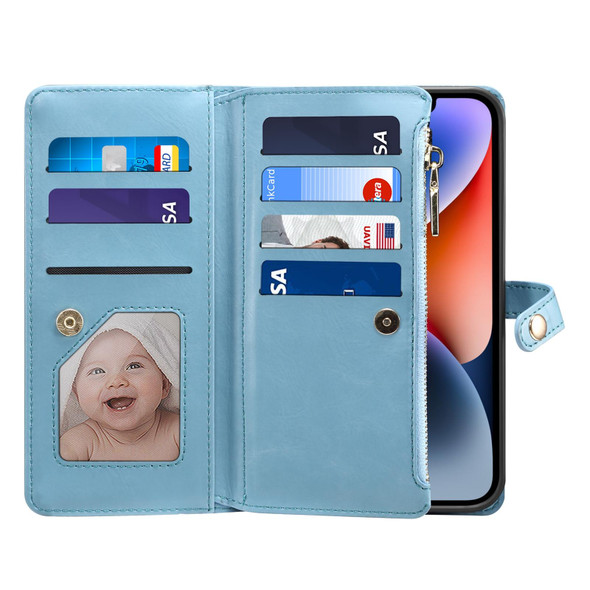 For iPhone 13 Pro ESEBLE Star Series Lanyard Zipper Wallet RFID Leatherette Case(Blue)