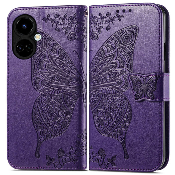 For Tecno Camon 19 Butterfly Love Flower Embossed Flip Leatherette Phone Case(Dark Purple)