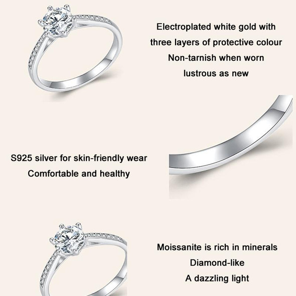 MSR004 Sterling Silver S925 Six Claw Moissanite Ring White Gold Plated Jewellery, Size: No.7