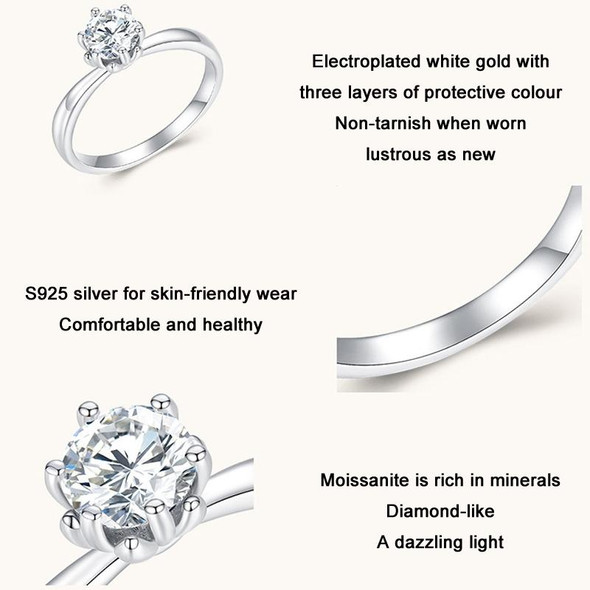 MSR006 Sterling Silver S925 Six Claw Moissanite Ring White Gold Plated Jewellery, Size: No.9